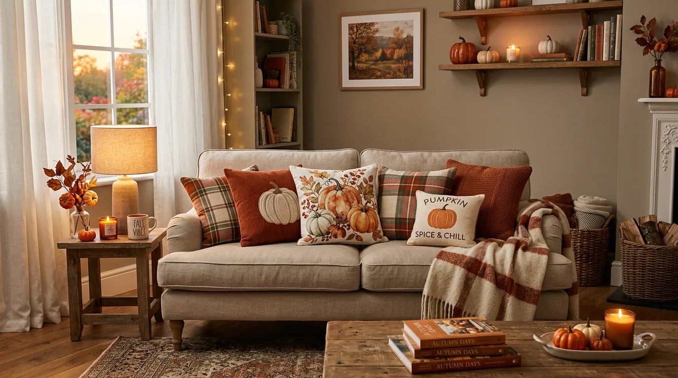 Sofa styled with pumpkin-themed Thanksgiving pillow covers